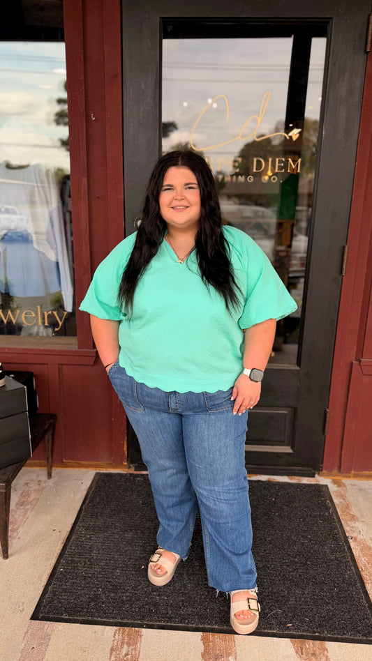 "Abbi" Curvy Seersucker Puff Sleeve