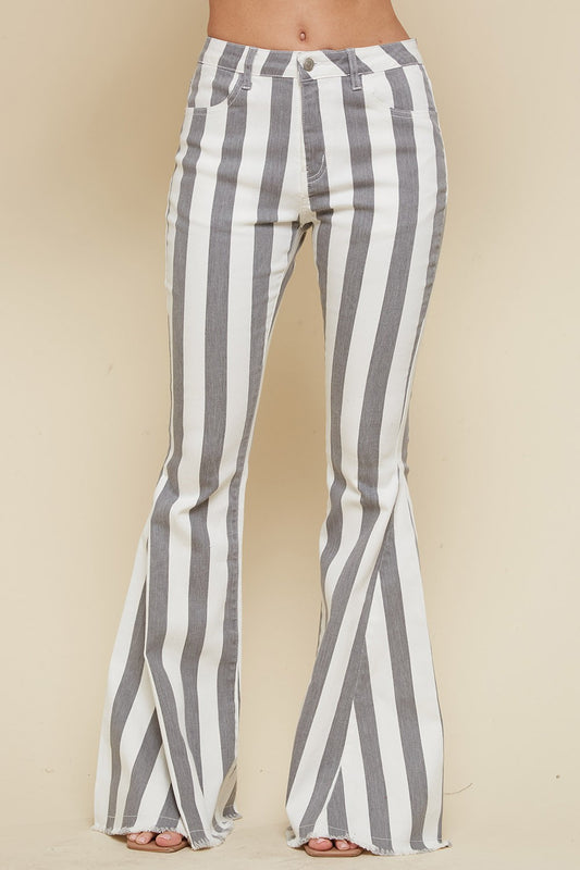 "Good Call" Grey Striped Bell Bottom Denim Stretch Pants