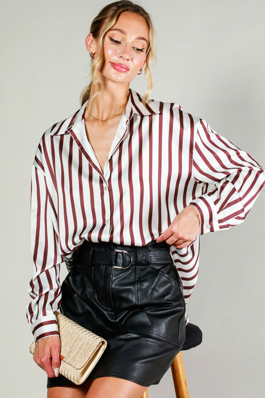 "Say Less" Satin Brown Stripe Button Down Top