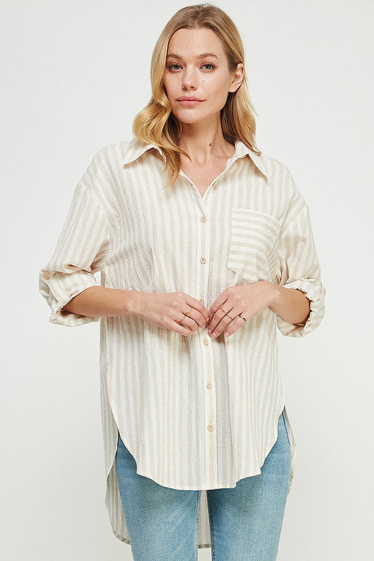 "Addison" Breezy Linen Curvy Boyfriend Shirt- Natural