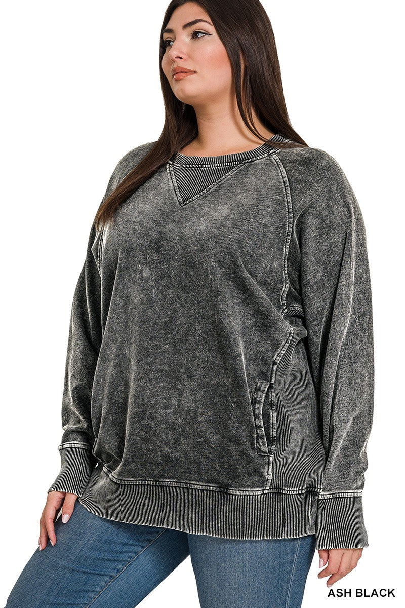 ZENANA Curvy Acid Washed Pullover w/pockets