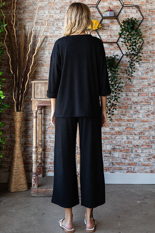 Curvy Black Jacquard 3/4 Sleeve And Pocket Pants Set