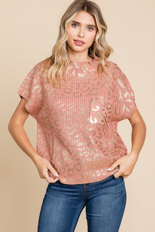 Gold Foil Leopard short sleeve pls sweater