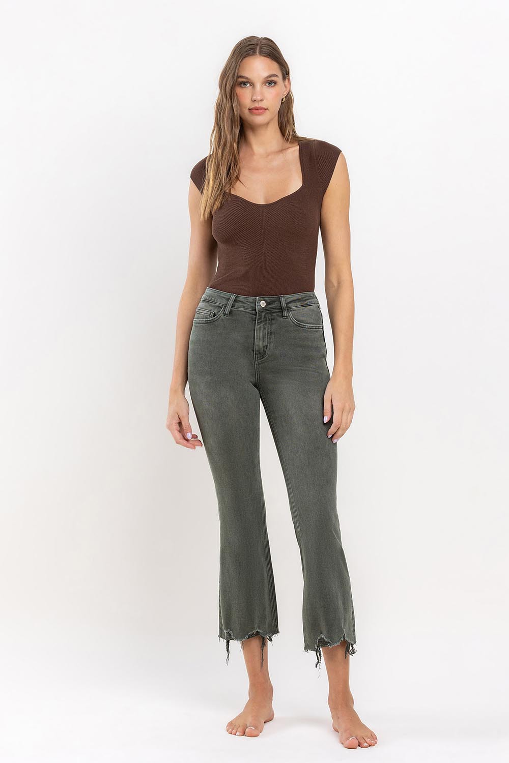 Deep Forest Green High Rise Distressed Crop