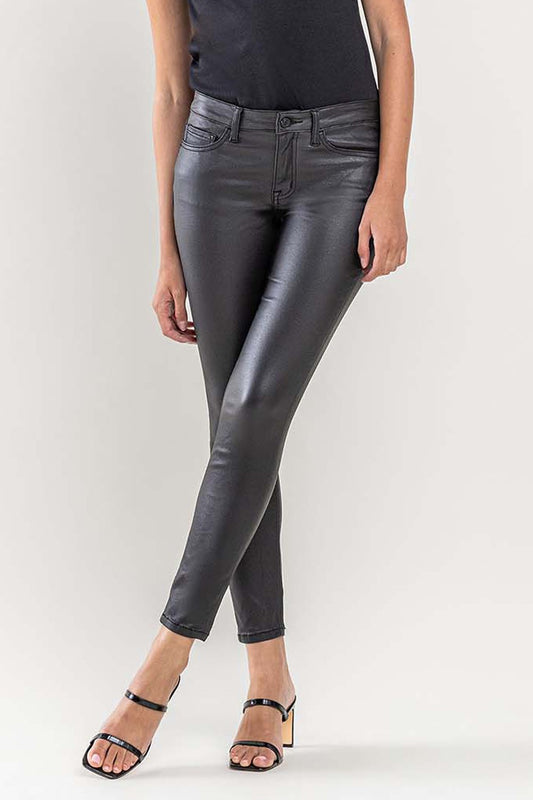 "JET BLACK" Mid Rise Faux Leather Skinny