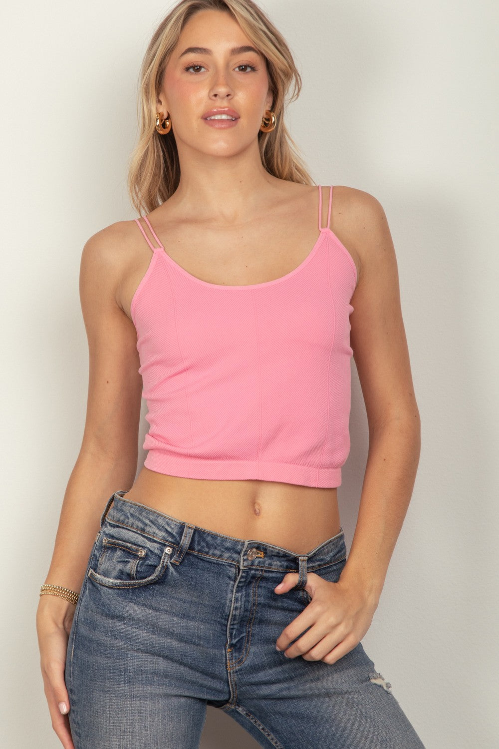 Soft Stretchy Double Strap Pink Slim Fit Tank Top
