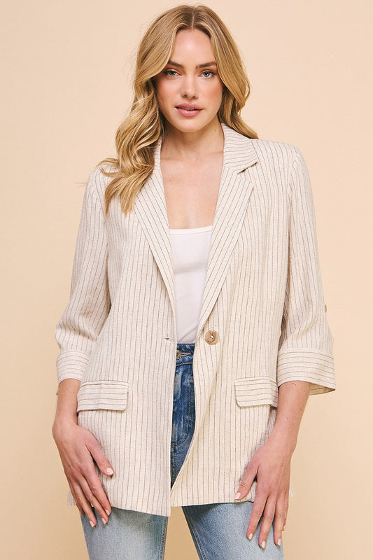 "Milo" Pin Striped Soft Linen 3/4 Sleeve Jacket