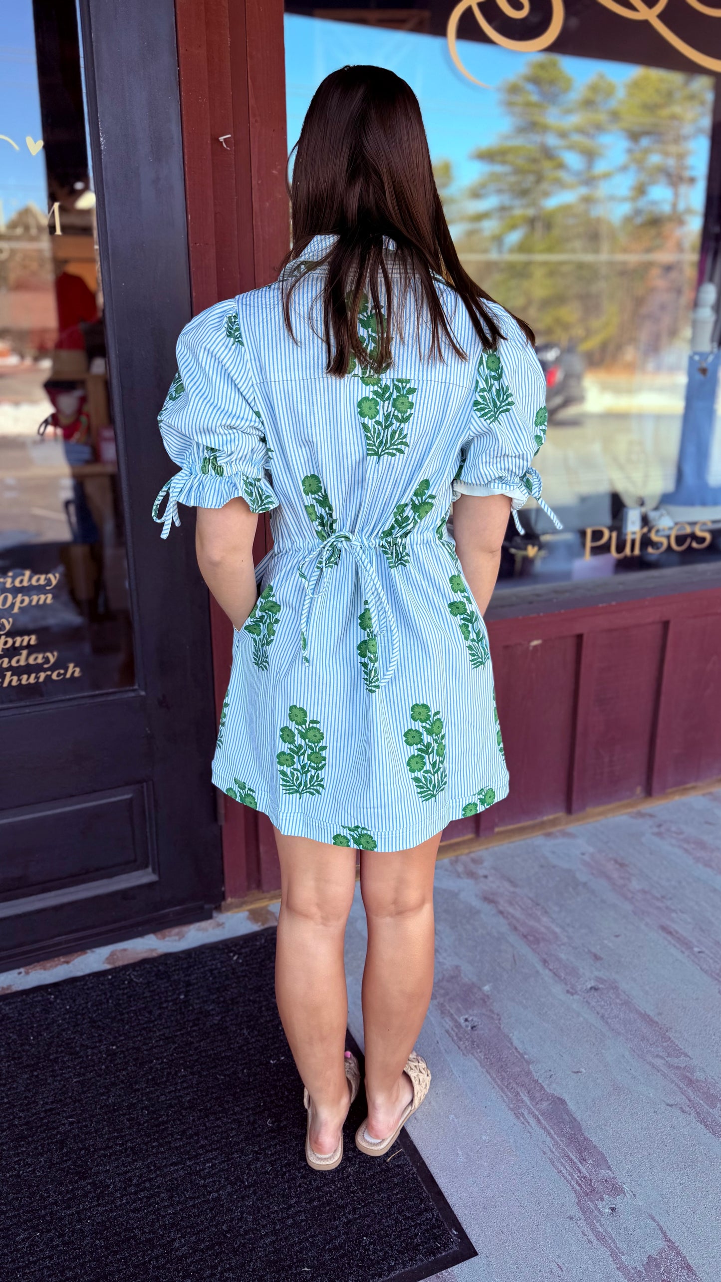 "Gabby" Green Striped Floral Collared Mini Dress