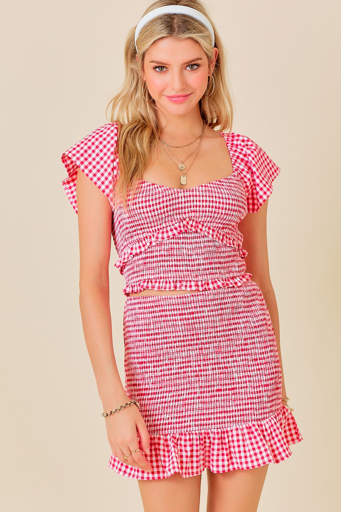 "Naya" Gingham Sweetheart Neck Smocked Skirt Set