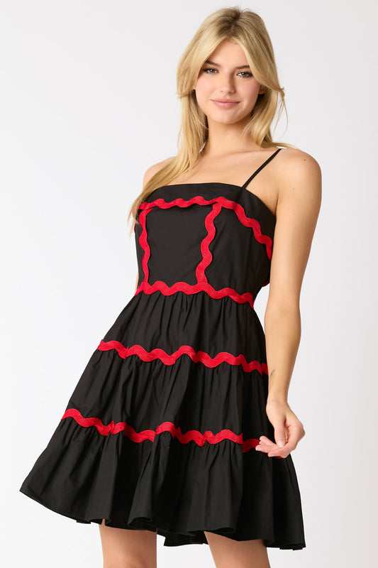 "Game Day" Cotton Poplin Wave Trim Detail Tiered Dress