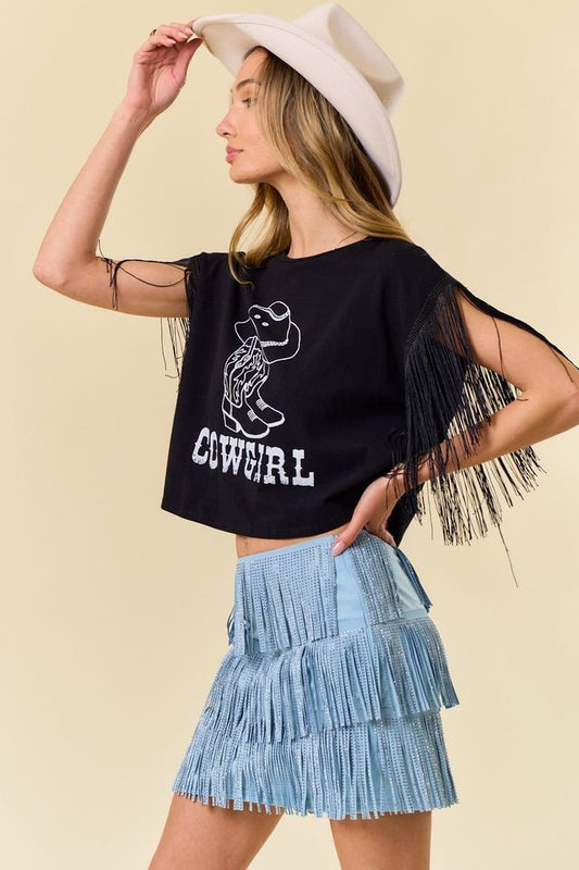 "Cowgirl" Black Fringe Sleeve Graphic Mid Crop Tee