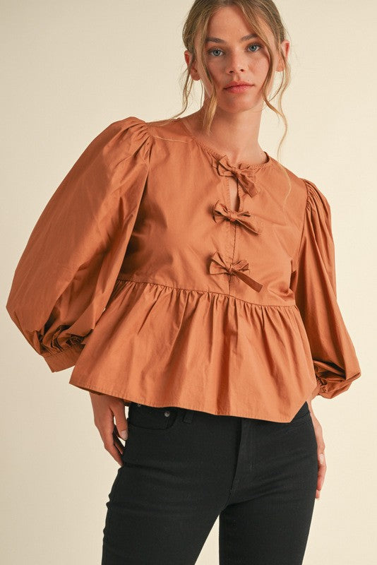 "Alexia" Bow Ties Peplum 3/4 Sleeves Top