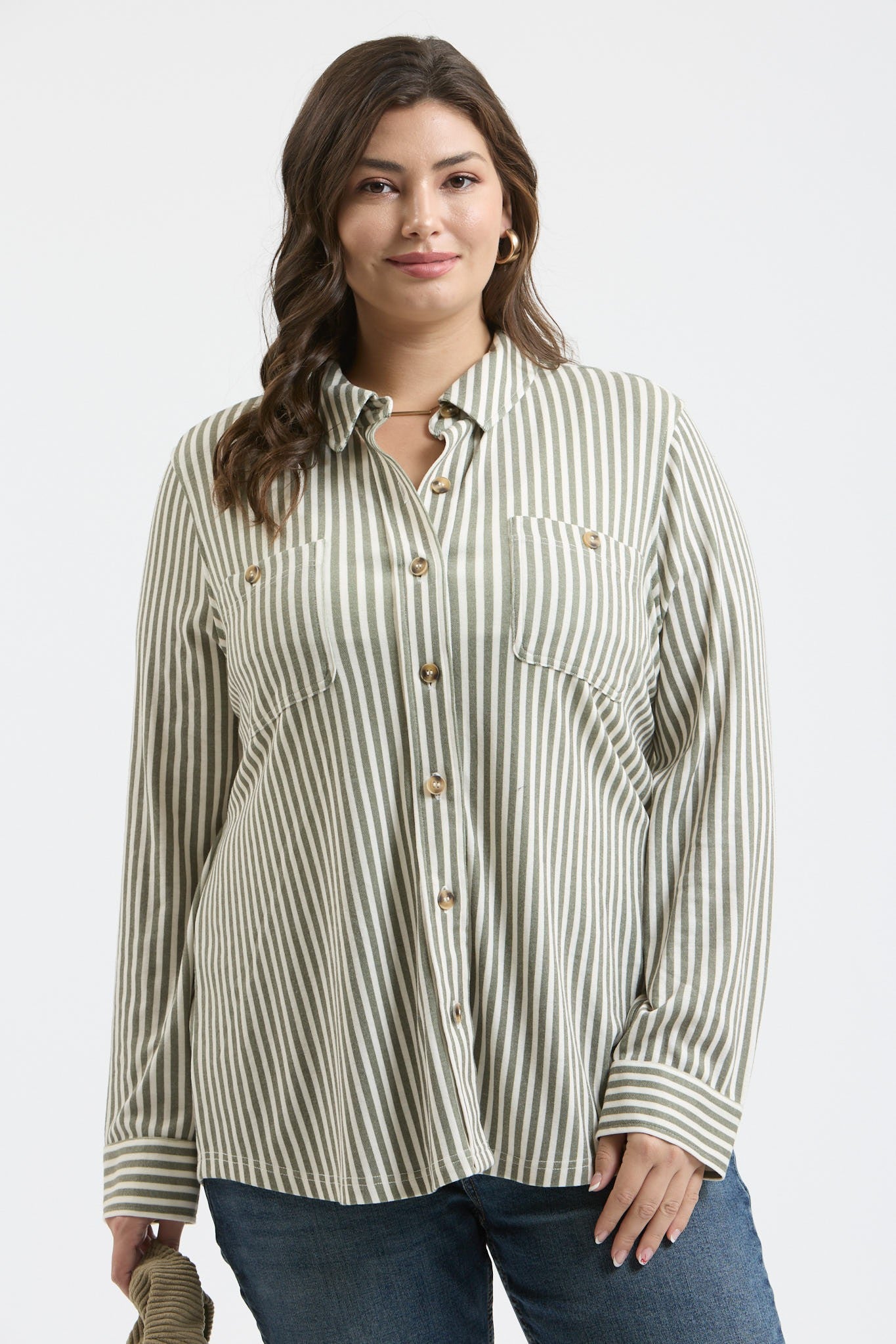 "Penny" Curvy Sage Striped Button Up