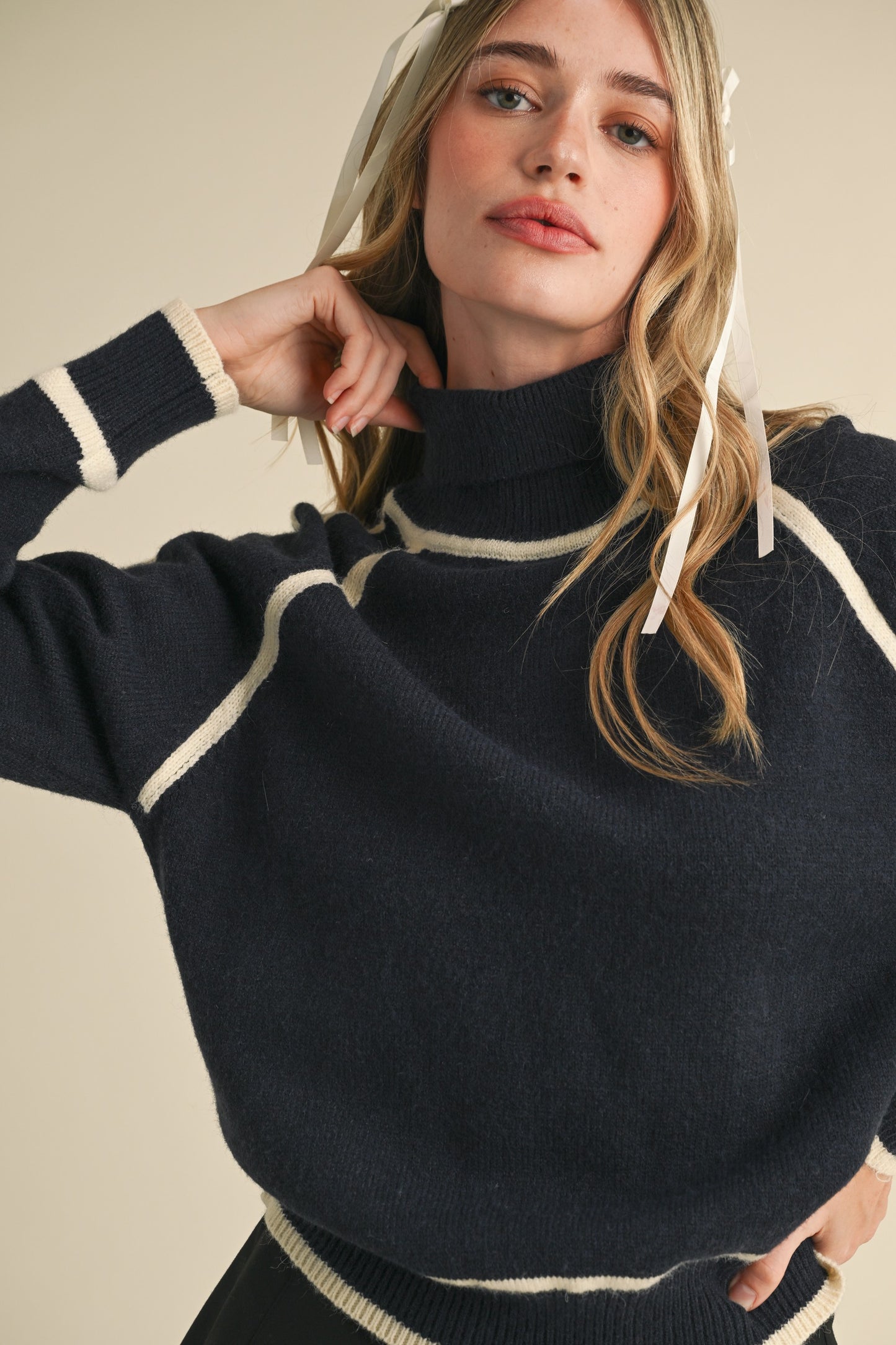 "Mrs" Contrast Navy Blue Mock Neck Sweater