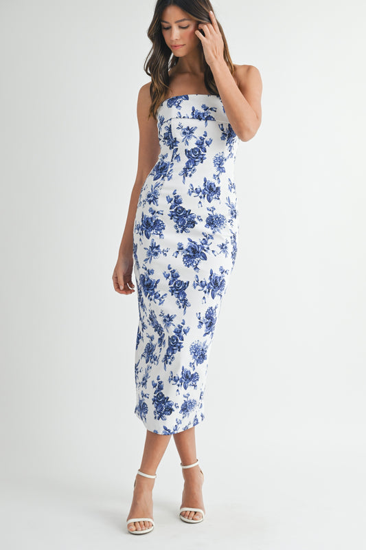 "Megan" Blue Floral Strapless Tube Dress