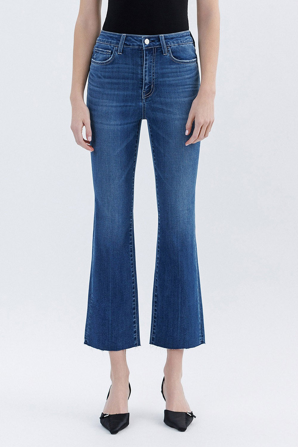 Vervet High Rise Raw Hem Kick Flare Jeans