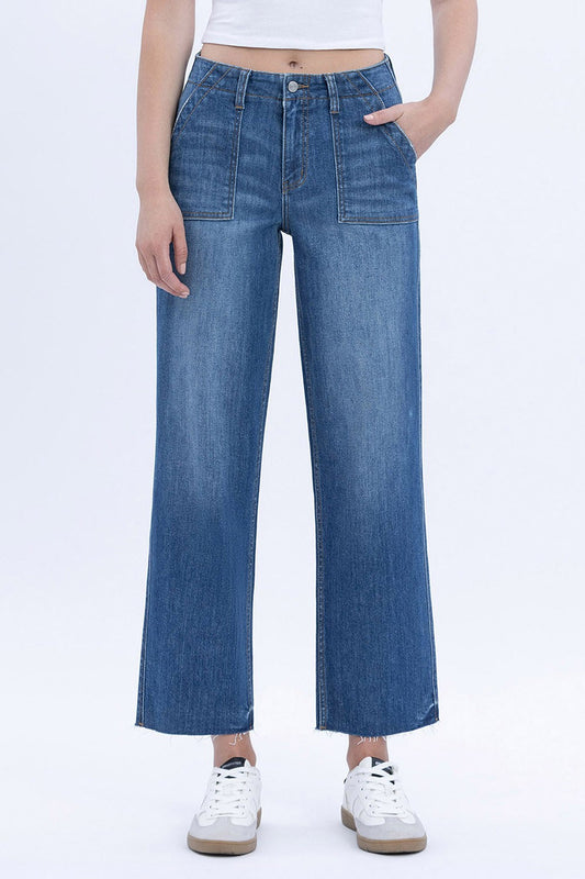 High Rise Crop Utility Pocket Straight Jeans