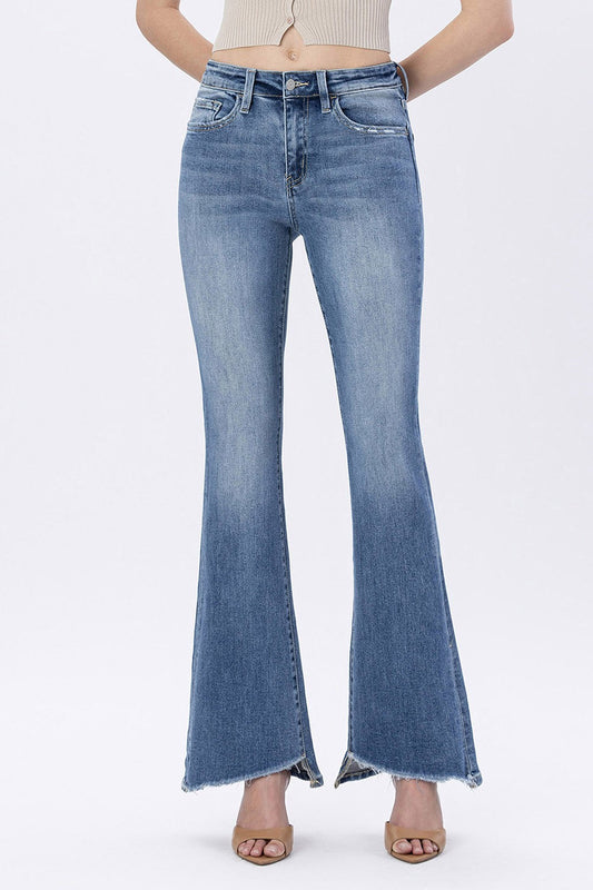 High Rise Slant Cut Hem Flare Jeans