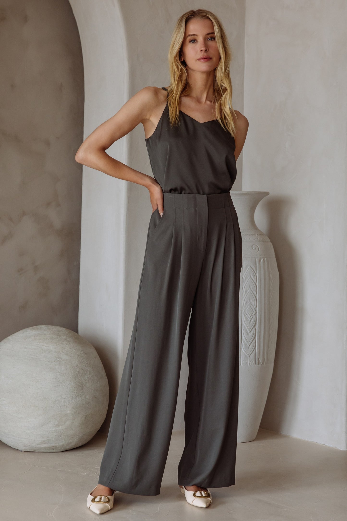 Recycled Wide Leg Pleated Pant (multiple colors)