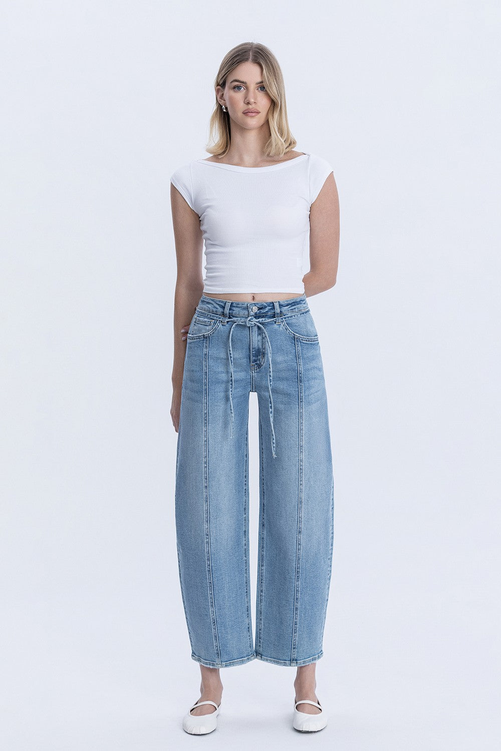 Lovervet High Rise Waist Tie Crop Wide Barrel Jeans