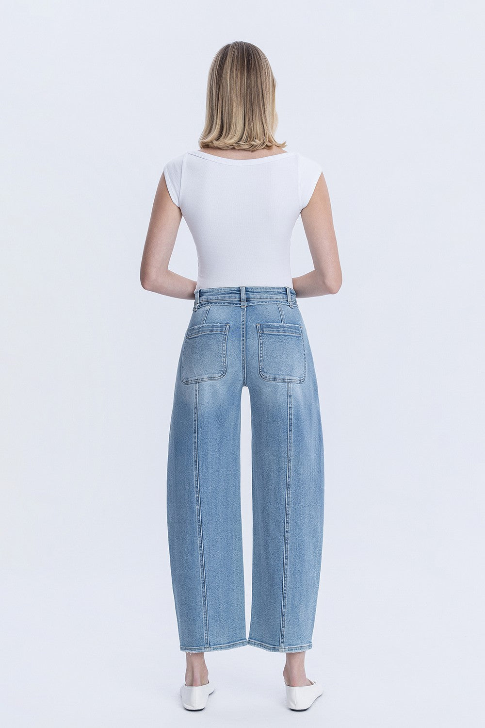 Lovervet High Rise Waist Tie Crop Wide Barrel Jeans