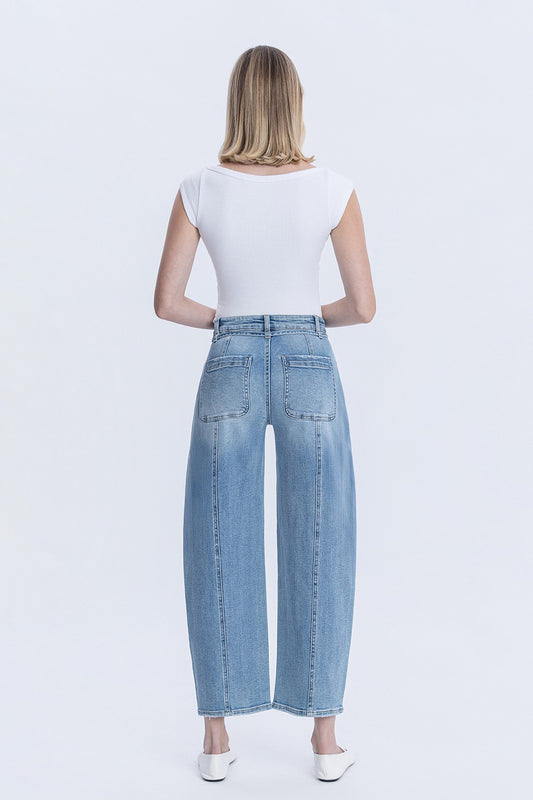 Lovervet High Rise Waist Tie Crop Wide Barrel Jeans