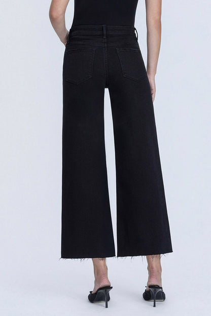 Lovervet Jet Black High Rise Raw Hem Crop Wide Leg Pant