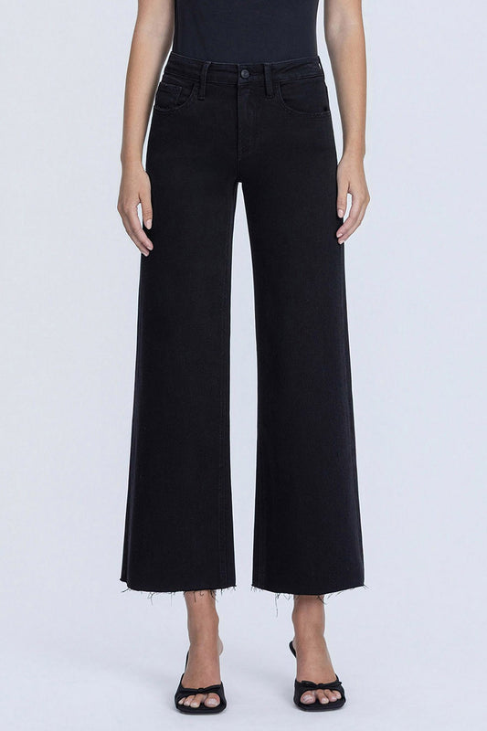 Lovervet Jet Black High Rise Raw Hem Crop Wide Leg Pant