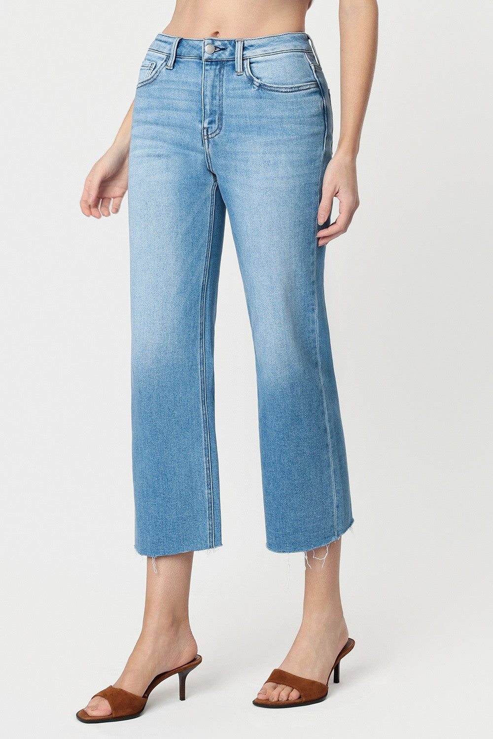 Flying Monkey High Rise Raw Hem Crop Slim Wide Jeans