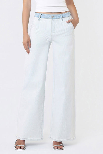 Vervet Contrast Waist Light Wash Striped Wide Leg