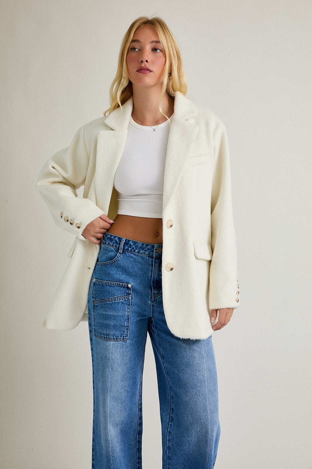 "Diem" Soft Touch Oversized Cream Blazer