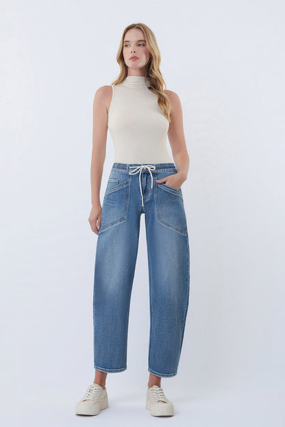 Vervet High Rise Elastic Waistband Wide Barrel Jeans