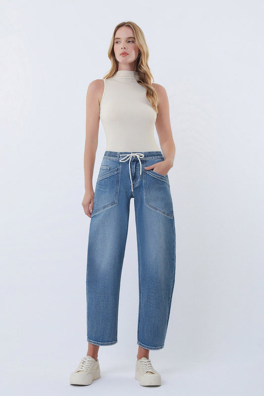 Vervet High Rise Elastic Waistband Wide Barrel Jeans