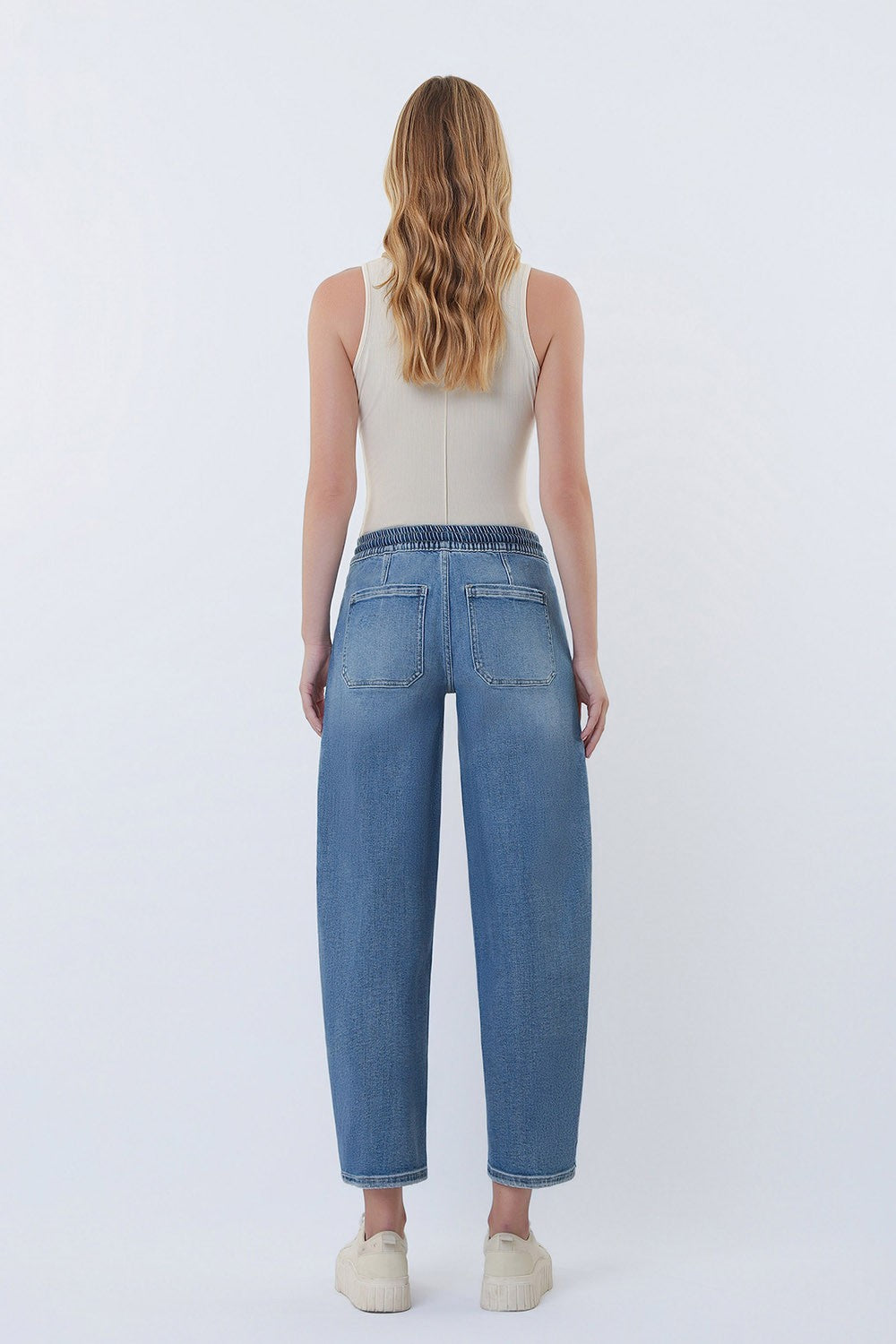 Vervet High Rise Elastic Waistband Wide Barrel Jeans