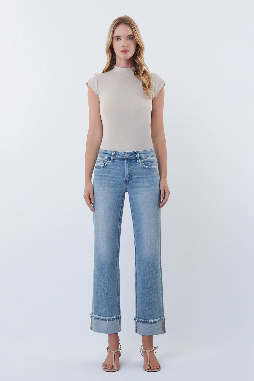 Lovervet Mid Rise Medium Light Cuffed Slim Wide Jeans