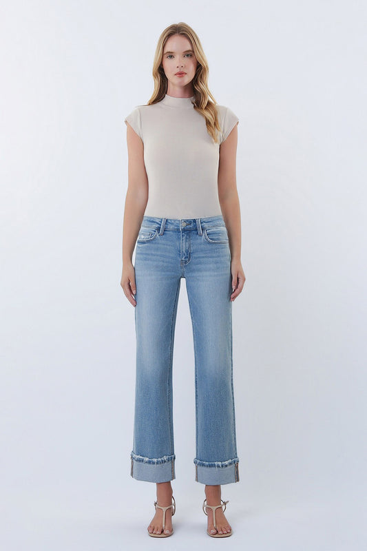 Lovervet Mid Rise Medium Light Cuffed Slim Wide Jeans