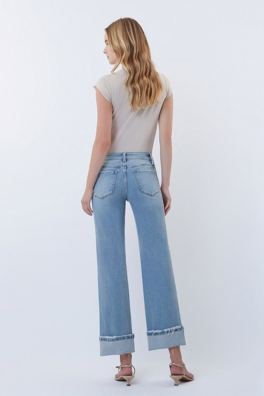 Lovervet Mid Rise Medium Light Cuffed Slim Wide Jeans