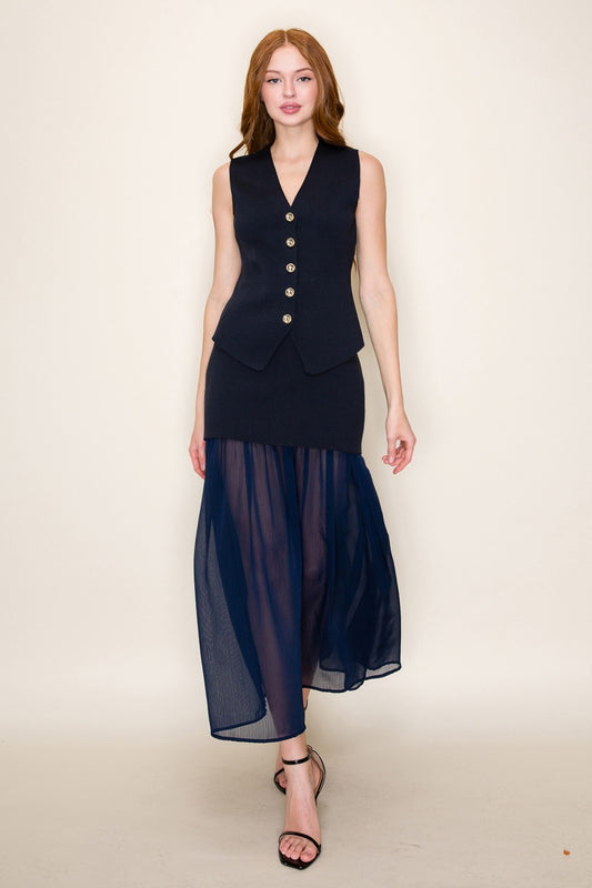 "Khris" Gold Button Sheer Skirt Set