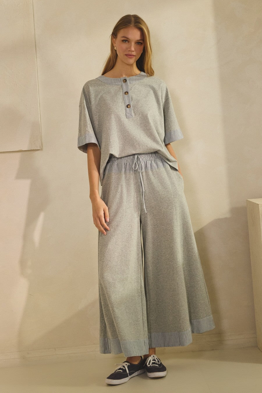 "HEATHER" Curvy Contrast-trim Henley Top And Pants Set
