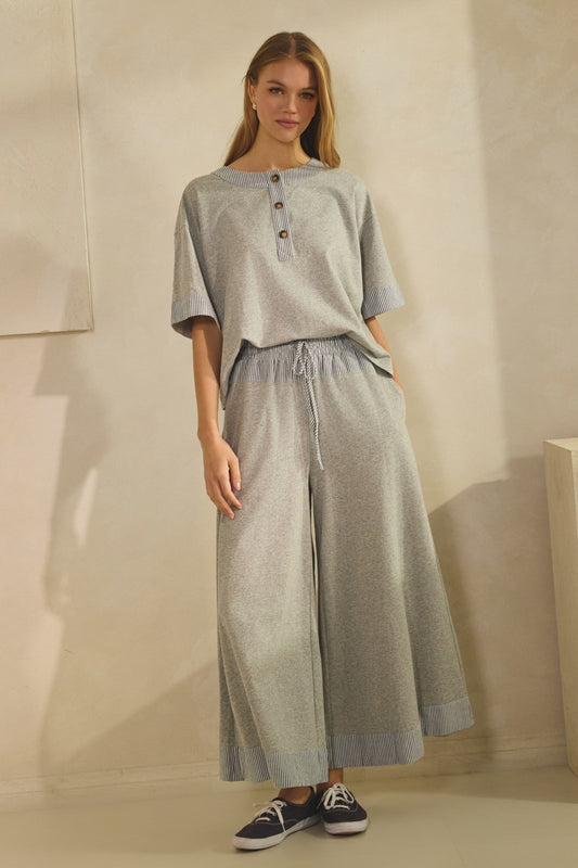 "HEATHER" Curvy Contrast-trim Henley Top And Pants Set