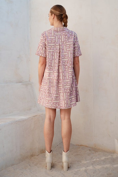 "Margo" Abstract Pink/Brown Sateen Mini Shirt Dress
