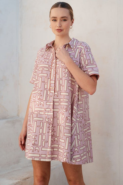 "Margo" Abstract Pink/Brown Sateen Mini Shirt Dress