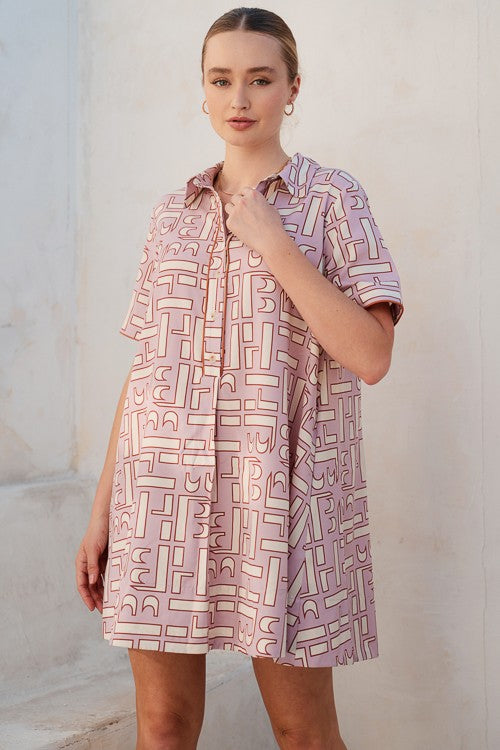 "Margo" Abstract Pink/Brown Sateen Mini Shirt Dress
