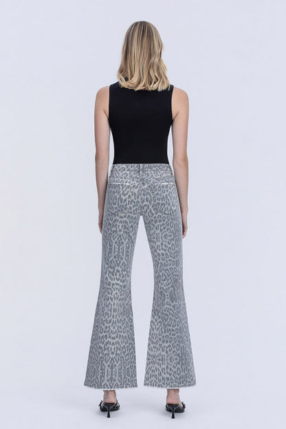 Vervet Mid Rise Grey Leopard Print Vintage Flare Jeans
