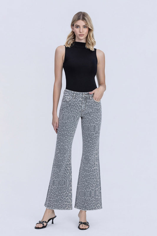 Vervet Mid Rise Grey Leopard Print Vintage Flare Jeans