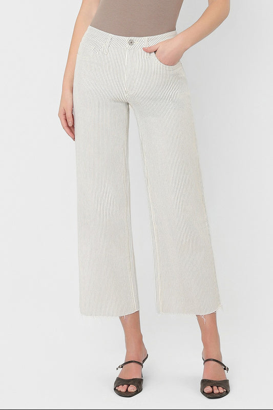 Vervet "Olivia" High Rise Raw Hem Striped Crop Wide Leg Jeans