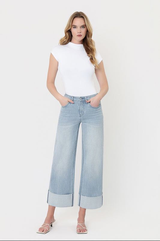 High Rise Cuffed Striped Cropped Wide Jeans