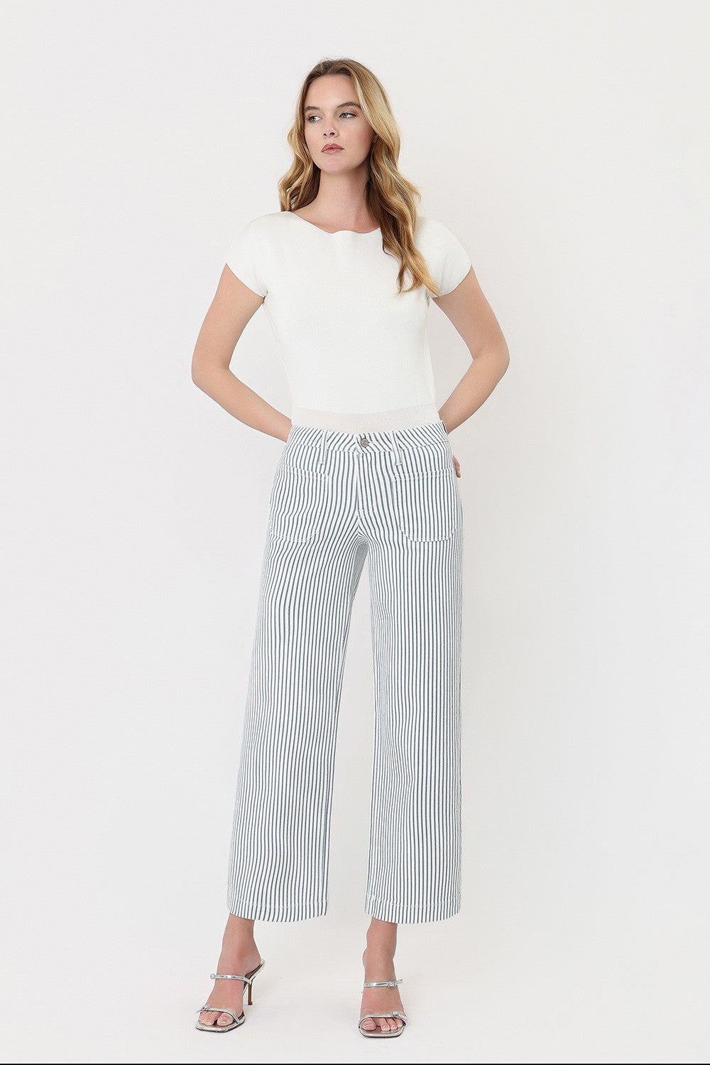 Lovervet High Rise Patch Pocket Crop Blue Striped Wide Leg Jeans