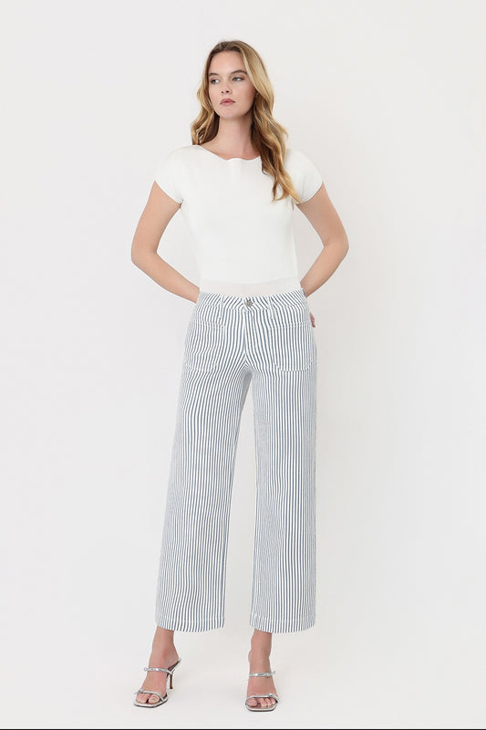 Lovervet High Rise Patch Pocket Crop Blue Striped Wide Leg Jeans