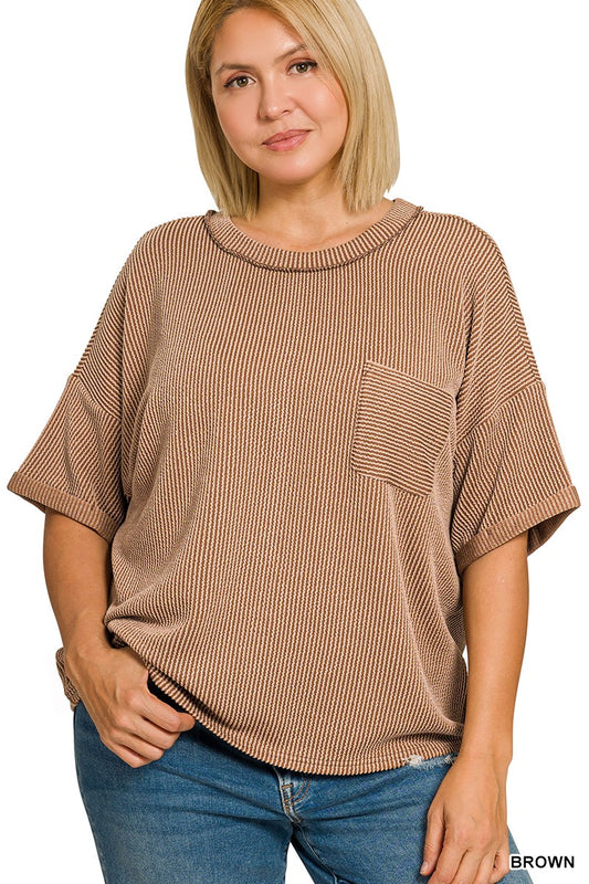 "Bess" Curvy Ribbed Pocket Tee